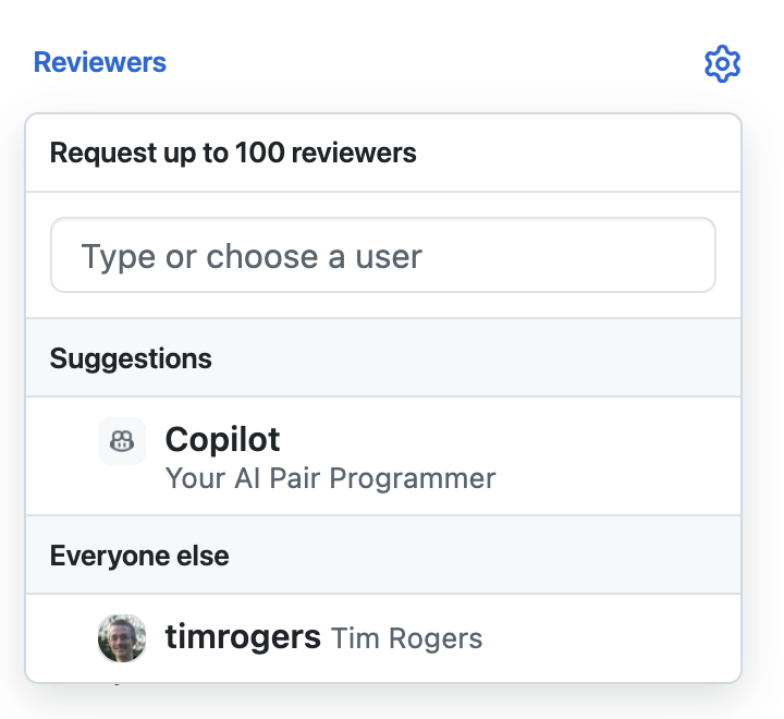 Screenshot of selecting 'Copilot' from the 'Reviewers' menu.