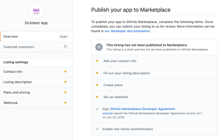 Screenshot of a draft GitHub Marketplace listing. Under "Publish your app to Marketplace," unfinished actions are marked with orange circles.