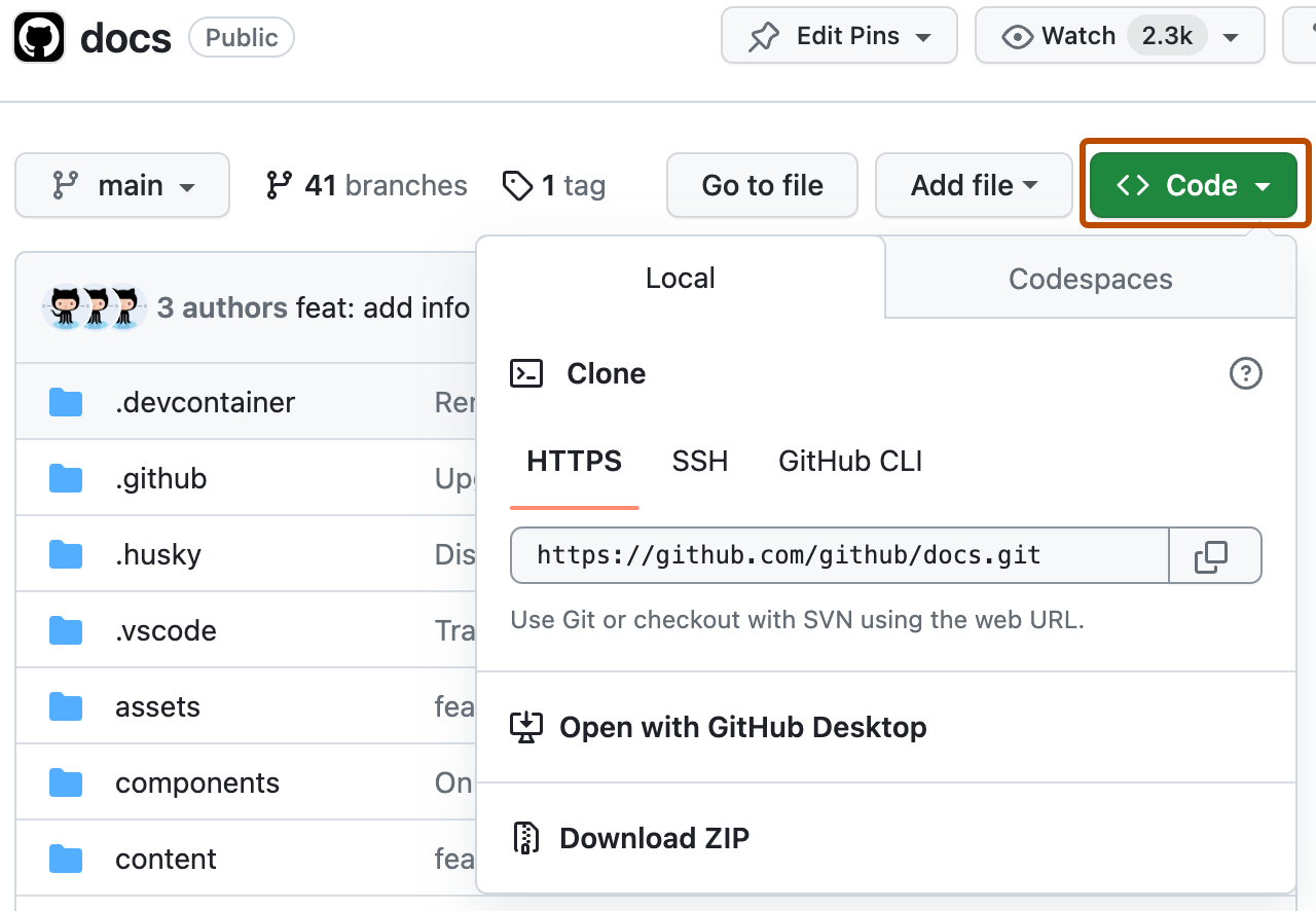 Screenshot of the main page of a repository. A green "Code" button is outlined in orange and expanded to show the HTTPS URL for the repository.