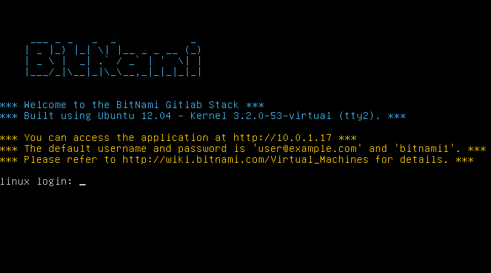 The Bitnami GitLab virtual machine login screen.