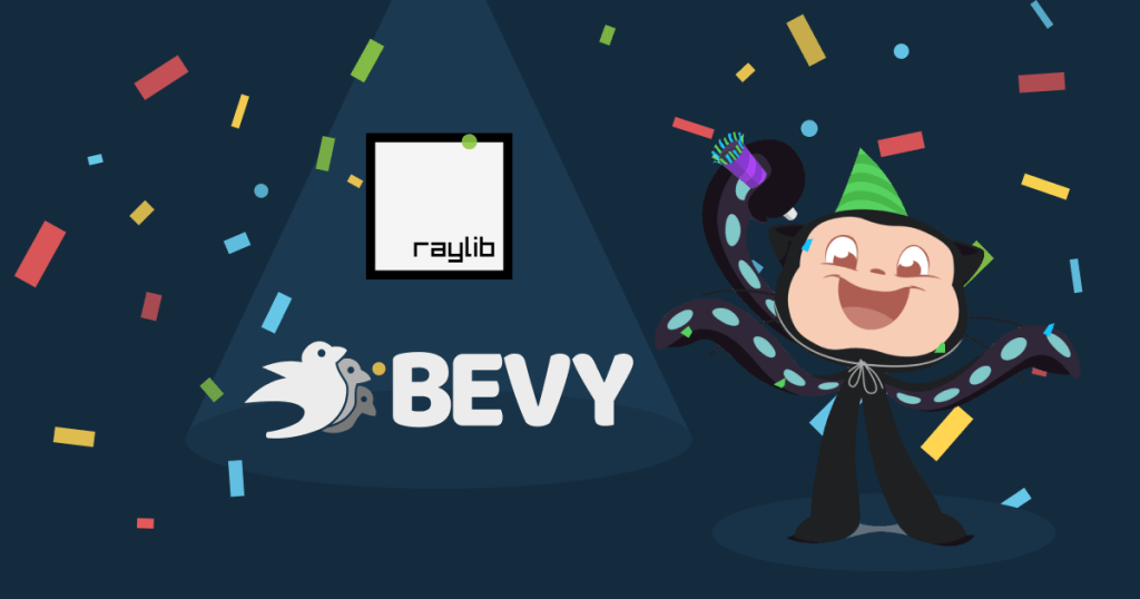 Graphic with Mona celebrating Bevy and raylib's birthdays.