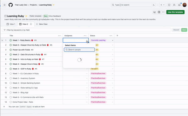 Bulk editing items on a project board.