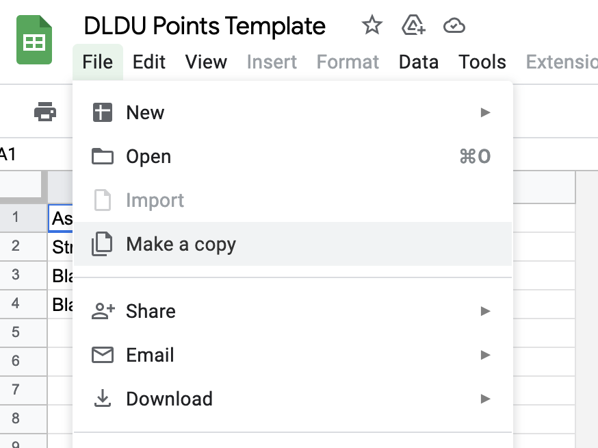 Screenshot of the 'Make a copy' menu item in Google Docs