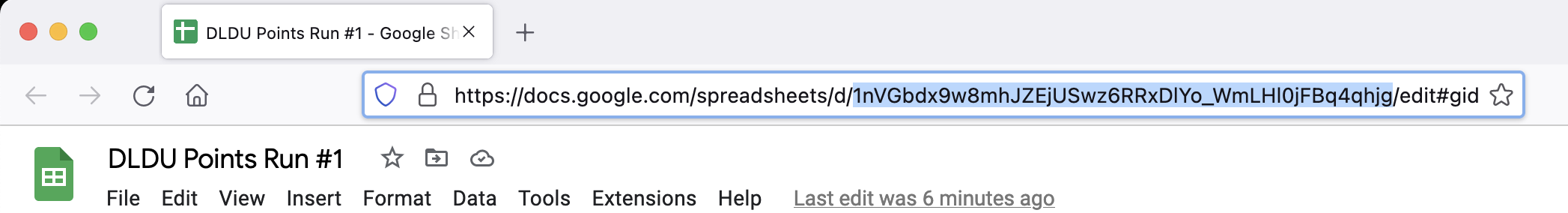 Screenshot of the browser address bar with the sheet ID highlighted and selected