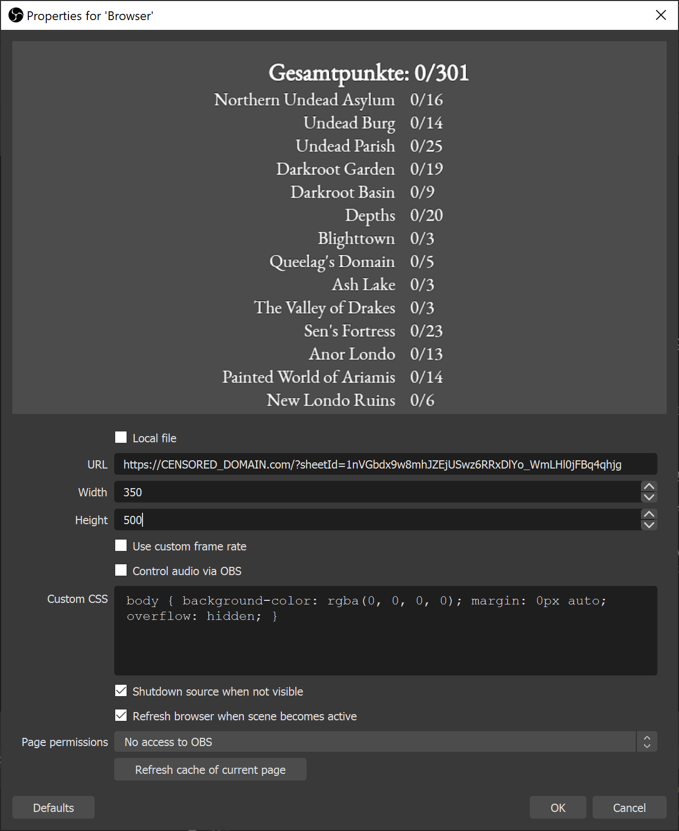 Screenshot of the OBS browser source window with all text fields filled in