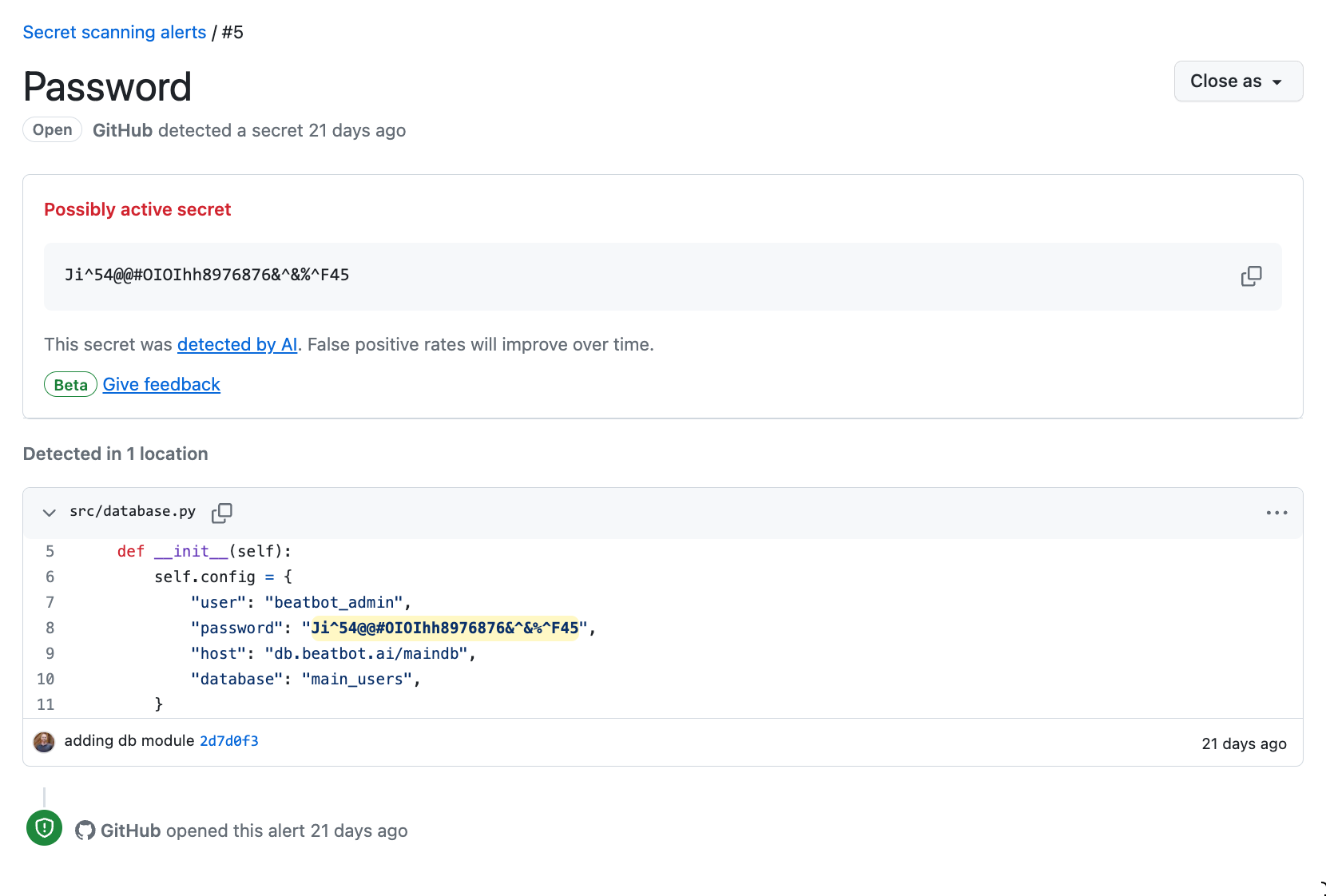 screenshot of a secret scanning alert for an AI-detected password