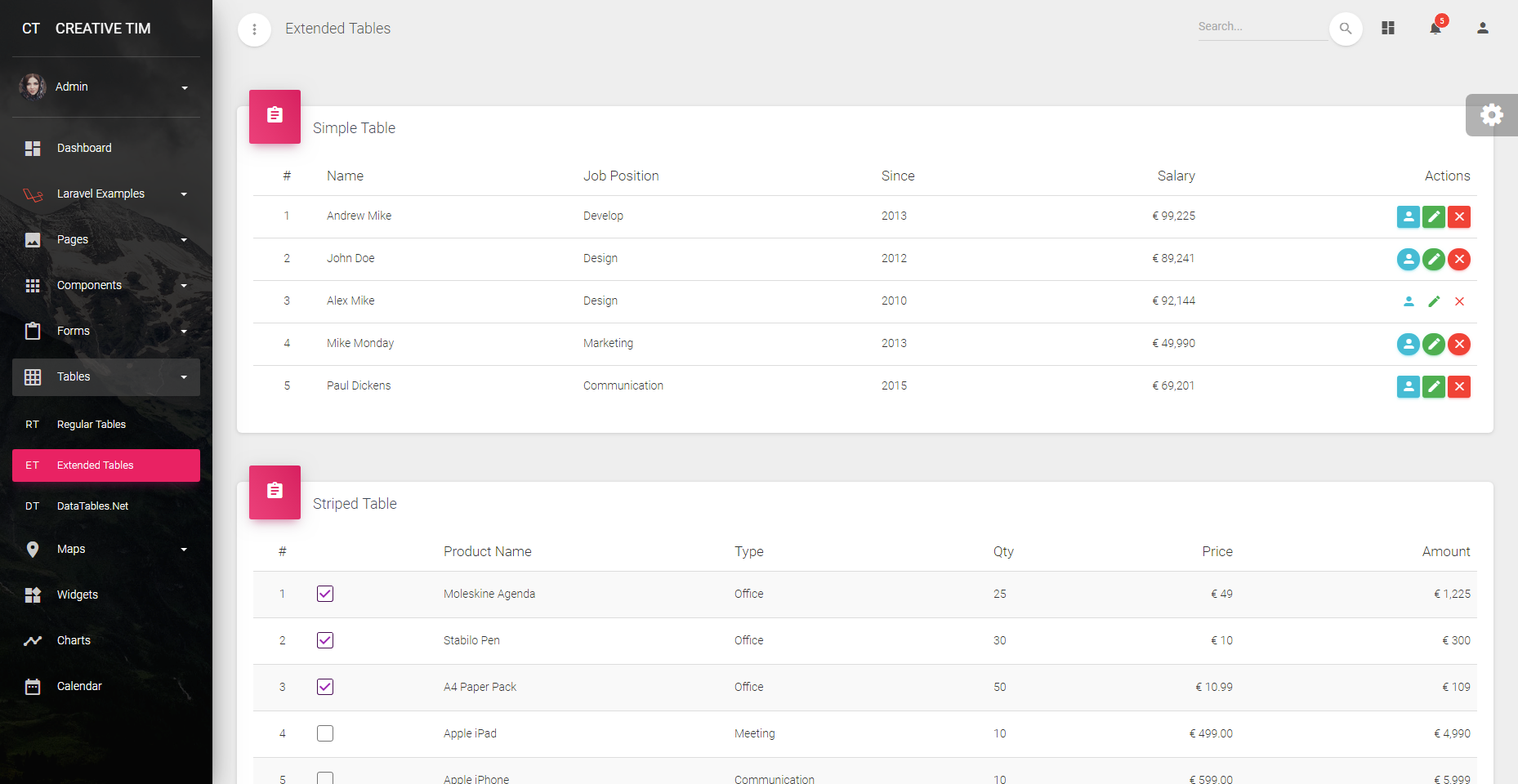 Tables Page