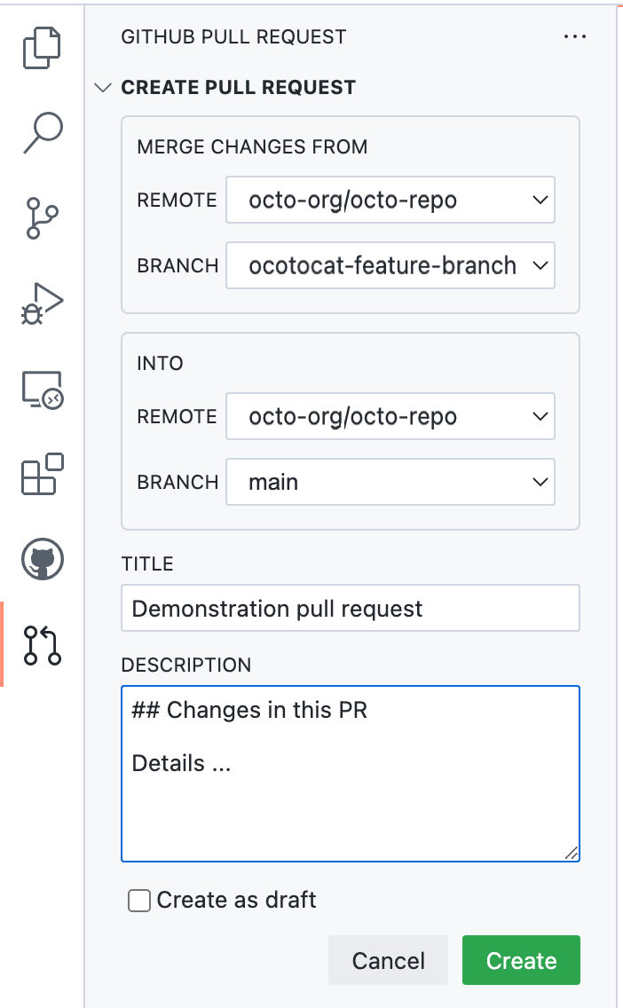 Screenshot of the "{% data variables.product.prodname_dotcom %} Pull Request" side bar with a form for creating a pull request, including "Title" and "Description" fields.