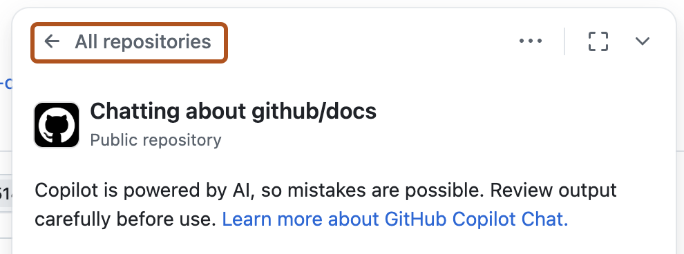 Screenshot of the {% data variables.product.prodname_copilot_short %} chat panel page with "All repositories" highlighted with a dark orange outline.