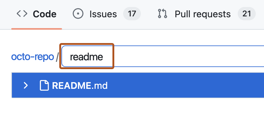 Screenshot of the repository file search bar. The search bar has the term "readme." Results are shown under the search bar and include "README.md."