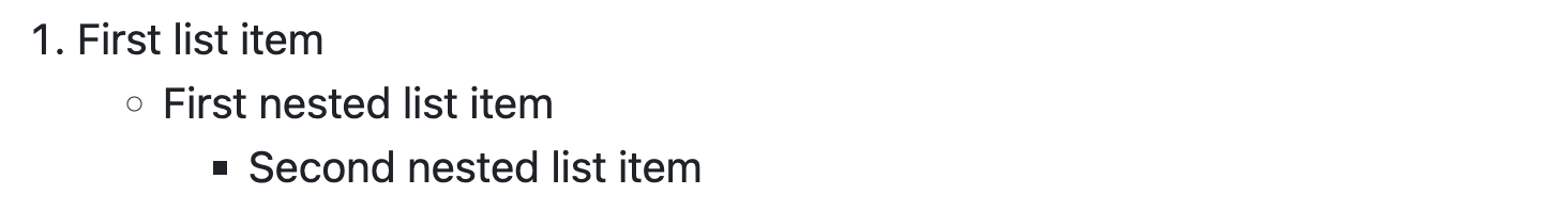 Screenshot of rendered GitHub Markdown showing a numbered item followed by nested bullets at two different levels of nesting.
