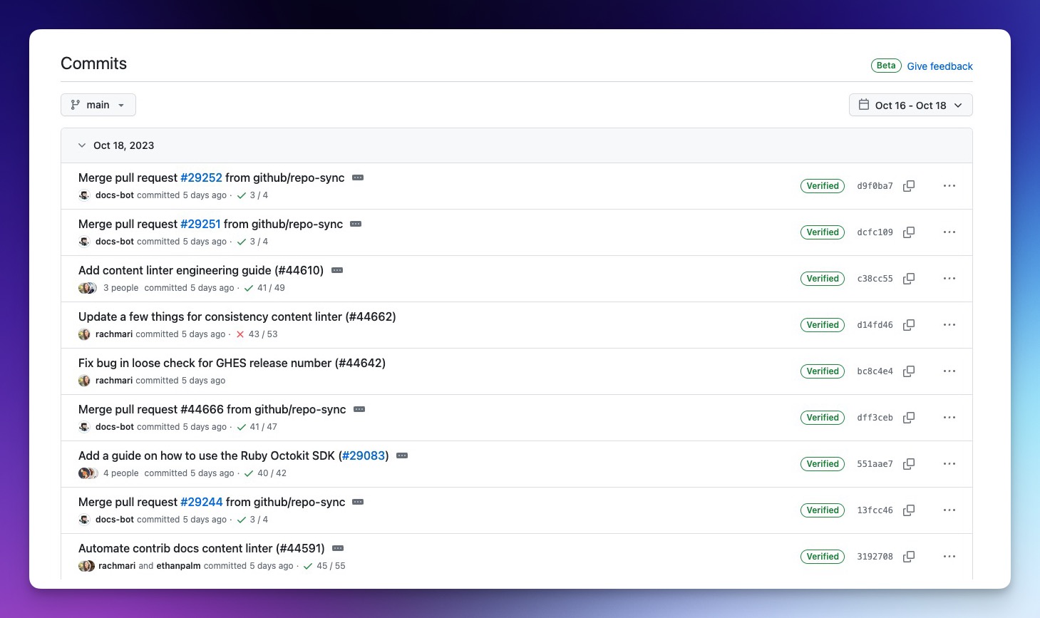 Screen shot showing new commits page on GitHub Docs Repository