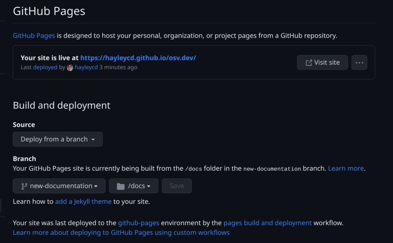 Image shows the UI settings for building the GitHub page, which is described in step 3 of the contributing documentation instructions.