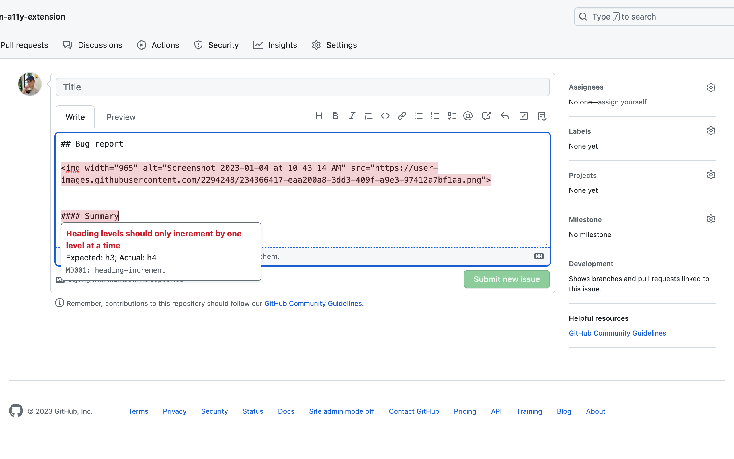 Issue creation form on github.com with two lint errors visible. One is hovered over, showing a tooltip that says 'heading levels should only increment by one level at a time'