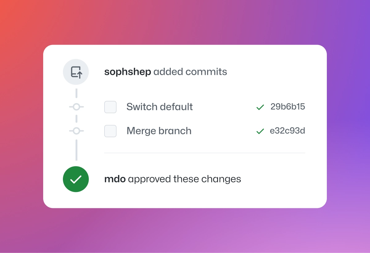 Screenshot of two commits added, and the changes were approved. The background has a pink-to-purple gradient.