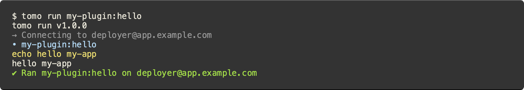 $ tomo run my-plugin:hello