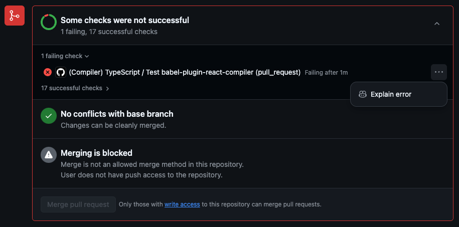 Image of Explain Error in the merge box of a PR