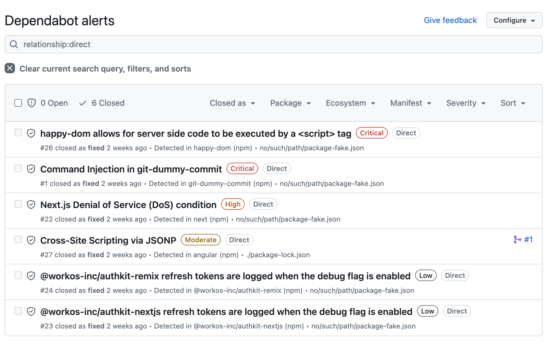 A table of Dependabot alerts can now be filtered to show only direct dependencies