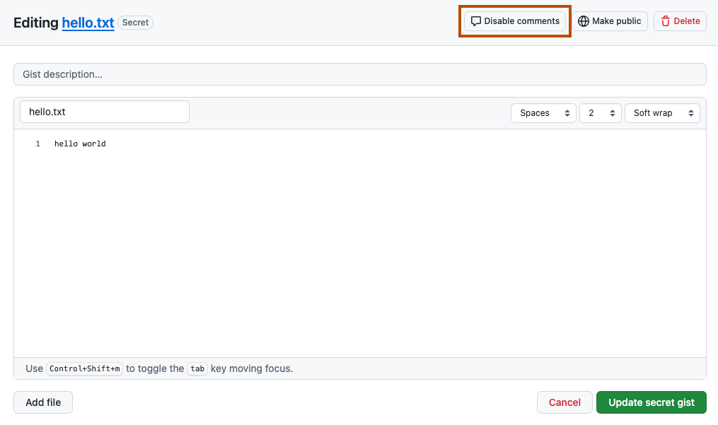 Screenshot of the gist edit page with the "Disable comments" option highlighted with a dark orange outline.