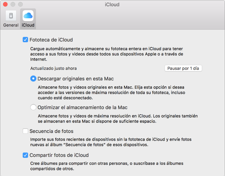 Panel iCloud de las preferencias de Fotos.