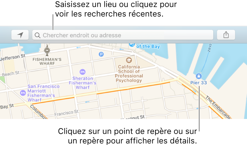 Saisissez un lieu dans le champ de recherche ou cliquez dessus pour afficher les recherches récentes. Cliquez sur un point de repère ou sur un repère pour afficher des détails.