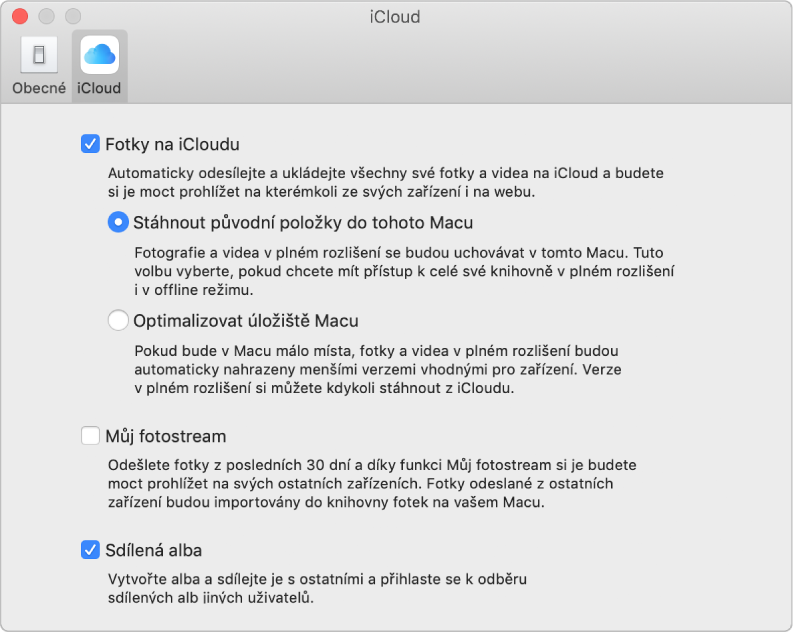 Panel iCloud v předvolbách Fotek