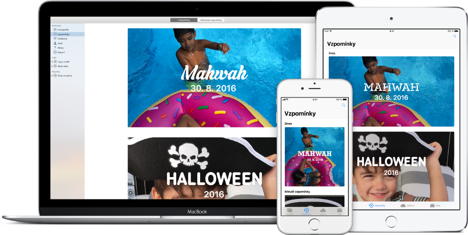 iPhone, MacBook a iPad se stejnými fotografiemi na obrazovkách