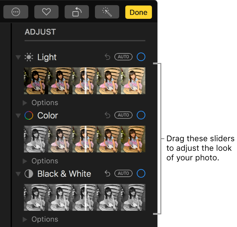 The Light, Color, and Black & White sliders in the Adjust pane. An Auto button appears above each slider.