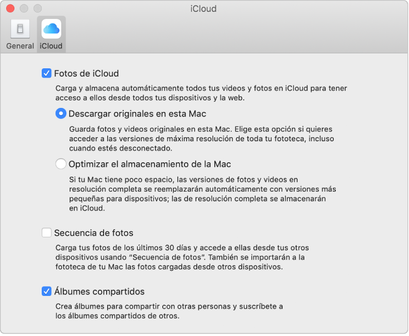 Panel iCloud de las preferencias de Fotos.