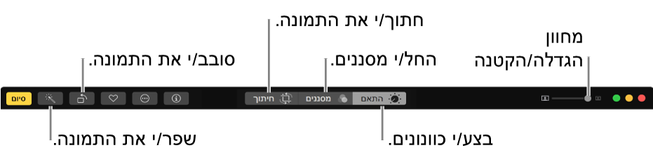 סרגל הכלים ״עריכה״ המציג כפתורים לביצוע תיקונים, להוספת מסננים ולחיתוך תמונות.