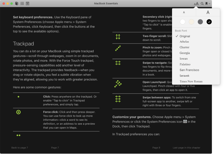 A book with a customized appearance and the Appearance menu showing the selected text size, background color, and font.