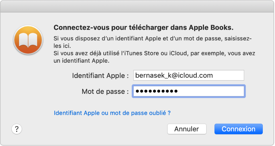 La zone de dialogue permettant de se connecter à l’aide d’un identifiant Apple et d’un mot de passe.