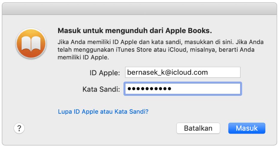 Dialog untuk masuk menggunakan ID Apple dan kata sandi.