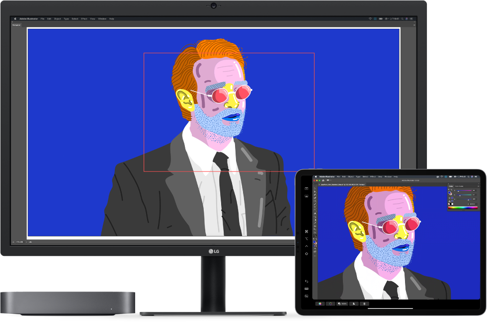 Mac mini 和 iPad 並排放置。Mac mini 在 Illustrator 的導覽器視窗中顯示藝術作品。iPad 在 Illustrator 的文件視窗中顯示相同的藝術作品，周圍是工具列。