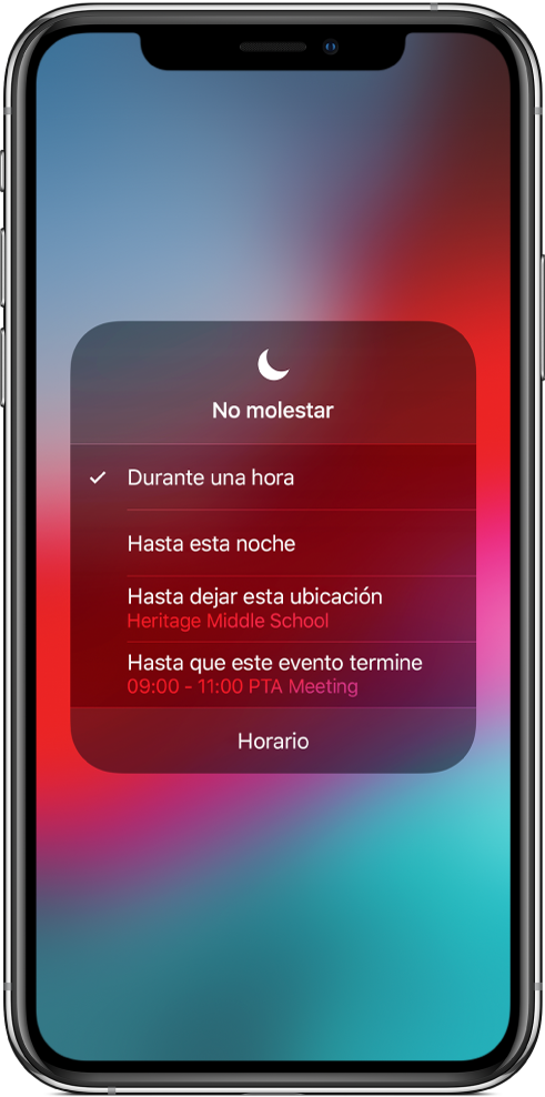 Una pantalla mostrando opciones para activar "No molestar" por una hora, hasta la noche, hasta que salgas de una ubicación, o hasta que termine un evento.