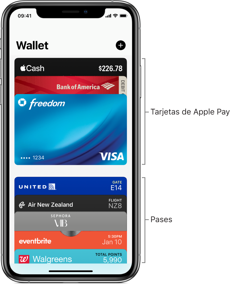 Pantalla de Wallet mostrando la parte superior de varias tarjetas de crédito y débito, y pases.