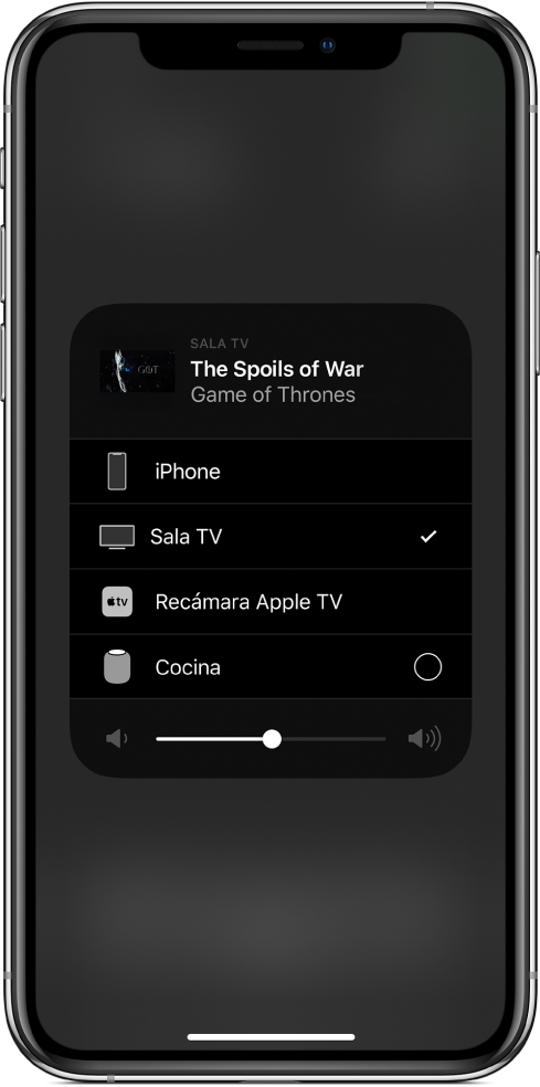  Una ventana de AirPlay abierta mostrando el título de un episodio de un programa de televisión. Debajo se encuentra una lista de dispositivos compatibles con AirPlay. La opción "TV de la sala" está seleccionada. En la parte inferior de la ventana se encuentra el regulador de volumen.