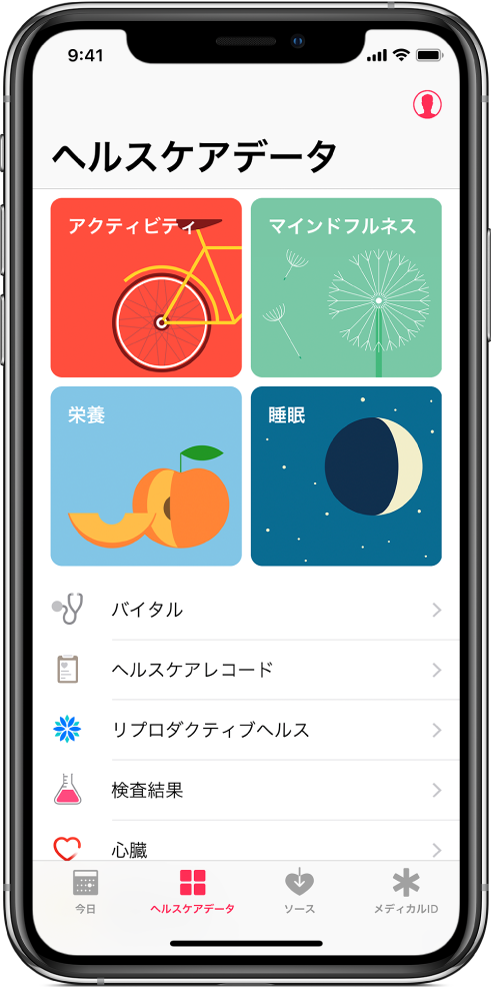 「ヘルスケア」Appの「ヘルスケアデータ」画面。「アクティビティ」、「マインドフルネス」、「栄養」、「睡眠」のカテゴリが表示されています。右上にはプロフィールボタンがあります。下部には左から順に、「今日」、「ヘルスケアデータ」、「ソース」、「メディカルID」タブがあります。