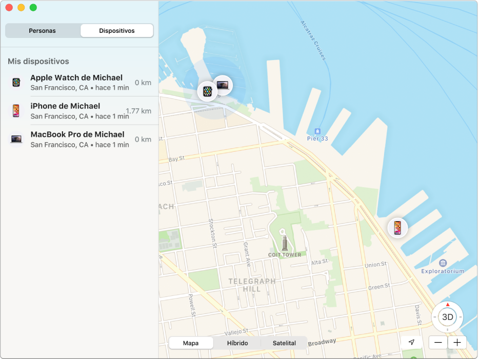 La app Encontrar mostrando una lista de dispositivos en la barra lateral y sus ubicaciones en un mapa a la derecha.