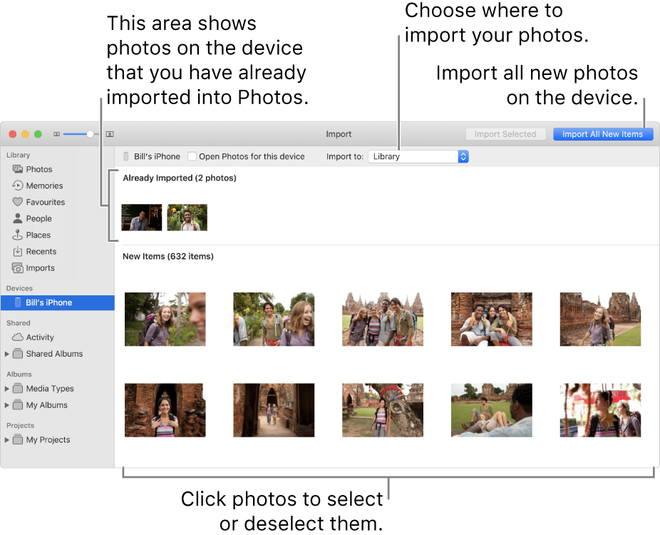 Photos on the device that you’ve already imported are shown at the top of the pane; new photos are at the bottom. At the top centre is the “Import to” pop-up menu. The Import All New Photos button is in the top right corner.