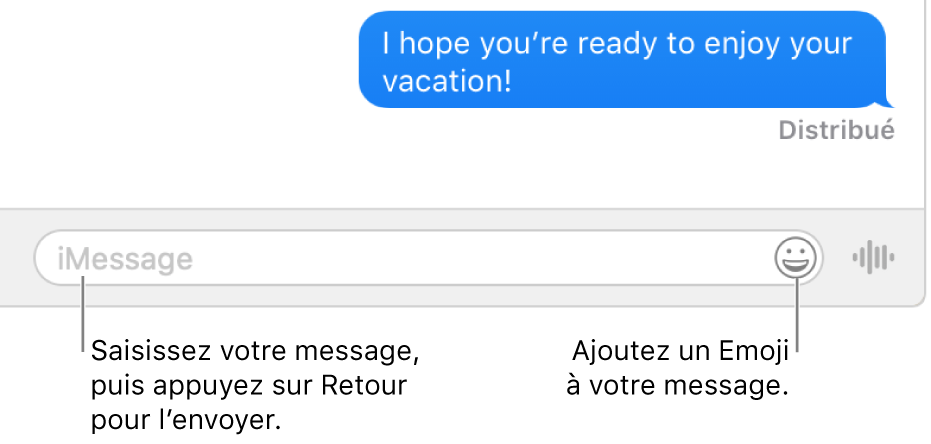 Une conversation dans la fenêtre Messages avec la zone de texte affichée au bas de la fenêtre.