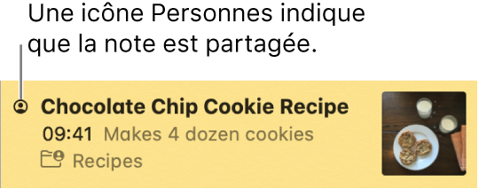 Une Note, présentant l’icône d’une personne à gauche de son titre, montre que la note est partagée avec une ou plusieurs personnes.