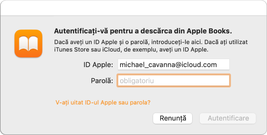 Fereastra de dialog pentru autentificarea în Apple Books folosind un ID Apple și o parolă.