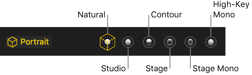 Portrait mode lighting effect choices, including (from left to right) Natural, Studio, Contour, Stage, Stage Mono, and High-Key Mono.