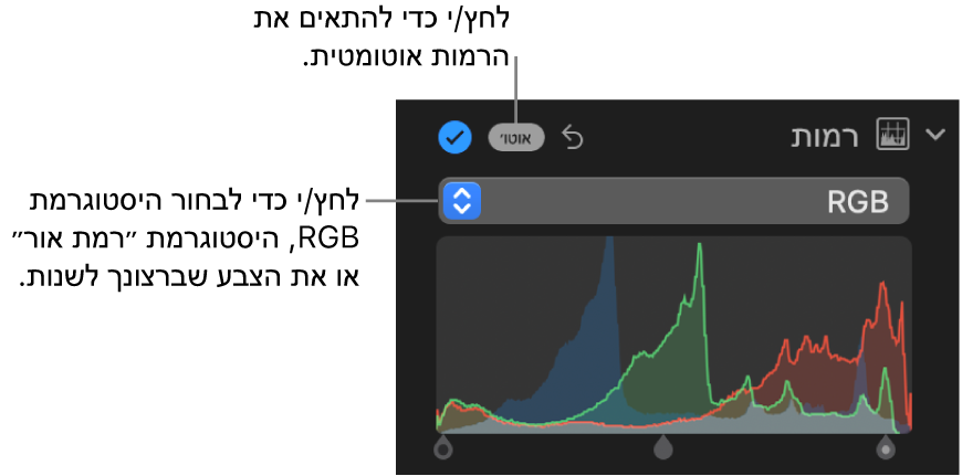 פקדי רמות בחלונית ״התאם״ המציגים את הכפתור ״אוטומטי״ בפינה השמאלית העליונה והיסטוגרמה של RGB מלמטה.