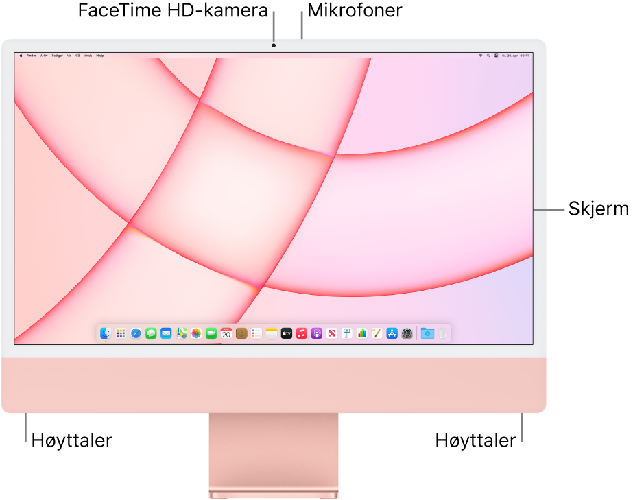 iMac vises forfra. Du ser skjermen, kameraet, mikrofonene og høyttalerne.