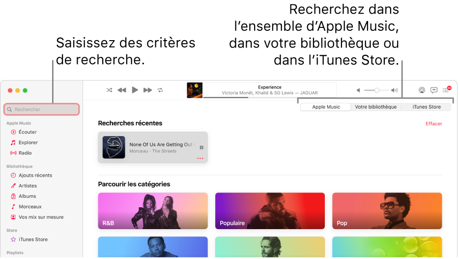 La fenêtre Apple Music, avec le champ de recherche dans le coin supérieur gauche, la liste de catégories au centre de la fenêtre et « Apple Music », « Votre bibliothèque » et l’iTunes Store disponibles dans le coin supérieur droit. Saisissez des critères de recherche dans le champ de recherche, puis choisissez d’effectuer la recherche dans tout Apple Music, seulement dans votre bibliothèque ou sur l’iTunes Store.