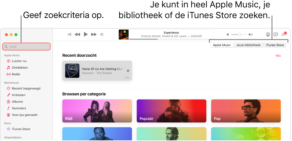 Het Muziek-venster met het zoekveld linksbovenin, de lijst met categorieën in het midden van het venster en 'Apple Music', 'Bibliotheek' en 'iTunes Store' rechtsbovenin. Voer zoekcriteria in het zoekveld in en geef aan of je in heel Apple Music, alleen in je eigen bibliotheek of in de iTunes Store wilt zoeken.