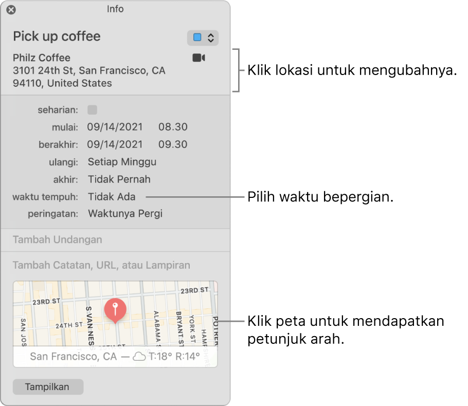 Jendela info untuk acara, dengan penunjuk di atas menu pop-up Waktu Perjalanan. Pilih waktu perjalanan dari menu pop-up. Klik lokasi untuk mengubahnya. Klik peta untuk mendapatkan petunjuk arah