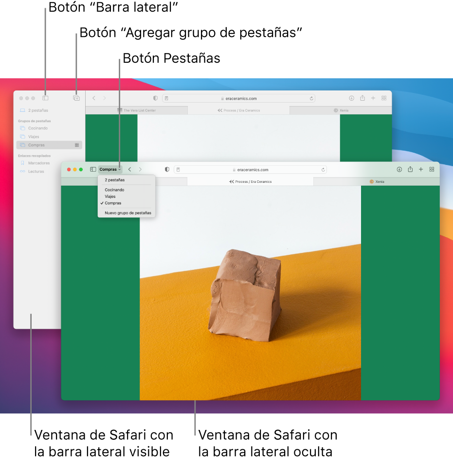 (Grupos de pestañas en dos ventanas de Safari. Una ventana muestra los grupos de pestañas en una lista debajo de la flecha hacia abajo junto al botón de la barra lateral en la barra de herramientas. La otra ventana muestra los mismos grupos de pestañas en la barra lateral).